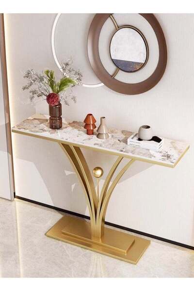 Raffine Modern Design Rock Slab Console Table White Sintered Stone Entryway Table White and Gold Geometric L