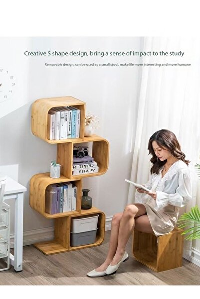 Raffine Modern S Shaped Design Bamboo Bookcase Smooth Edge Storage Rack Display Stand
