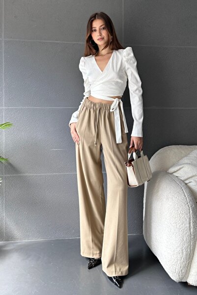 Fav Style Bluză de damă, cu guler dublu, cu mânecă lungă, cu șireturi, detaliată, albă