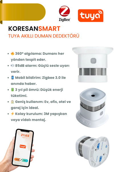 koresan Tuya Akıllı Zigbee Duman Yangın Dedektörü Sensörü