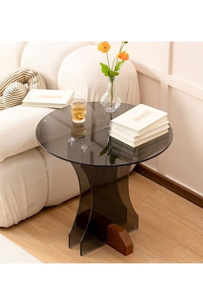 Raffine Multipurpose Use Modern Design Tempered Glass Coffee Table Solid Wood Base Side Table Round Tabletop