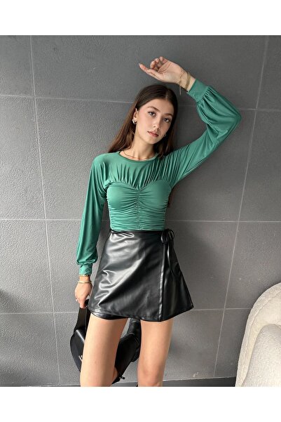 Fav Style Πράσινη μακρυμάνικη γυναικεία μπλούζα με λεπτομέρεια ντραπέ - Crew ...