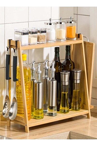 Raffine رف تخزين للمطبخ من الخيزران المتين وخفيف الوزن مكون من طبقتين مع خطاف...