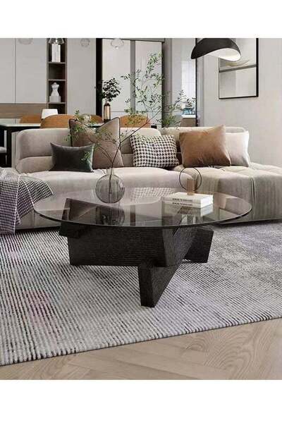 Raffine 1-Piece Round Coffee Table Glass Top Irregular Wood Geometric Base Sofa Side End Table for Living Ro