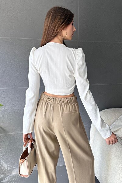 Fav Style Bluză de damă, cu guler dublu, cu mânecă lungă, cu șireturi, detaliată, albă