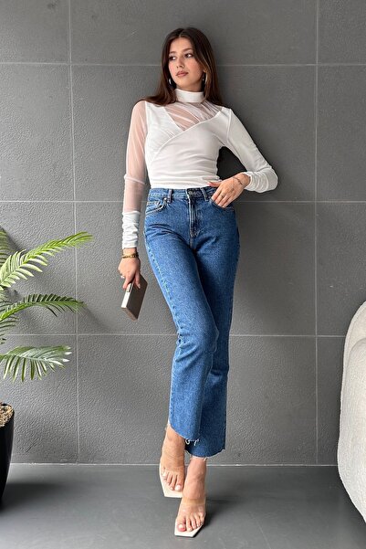 Fav Style Women's Stand Collar Tulle Detailed Long Sleeve Blouse White