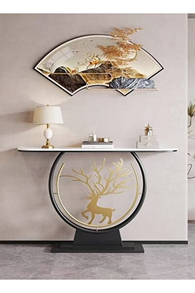 Raffine Modern Circular Shape Design with Gold Metal Deer Decor Rustproof Rock Slab Tabletop