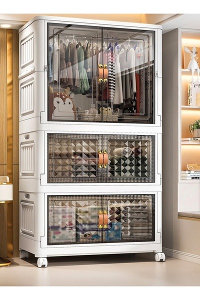 Raffine 4-Tier Collapsible Stackable Plastic Storage Box with Wheels Foldable Double Door Closet Organizers