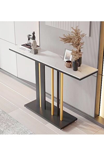 Raffine Modern Design Rock Slab Console Table Black Sintered Stone Entryway Table Black and Gold