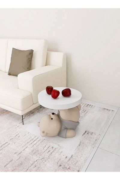 Raffine -Piece Cute Bear Statue Round Coffee Table Bedroom Nightstand Bed Table with Bluetooth Speaker