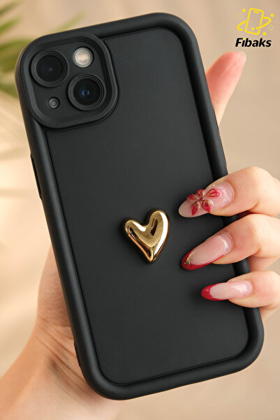 Fibaks Apple iPhone 13 Kılıf 3D Kalp Tasarımlı Siyah Desenli Yumuşak Kamera Korumalı Silikon Kapak