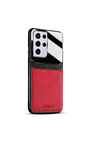 Zebana Samsung Galaxy S21 Ultra Compatible Case Lens Leather Case Red