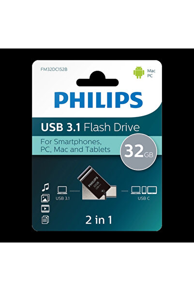 Philips 32 GB USB 3.1 & Type-C 2’si 1 Arada Çift Girişli Metal USB Bellek