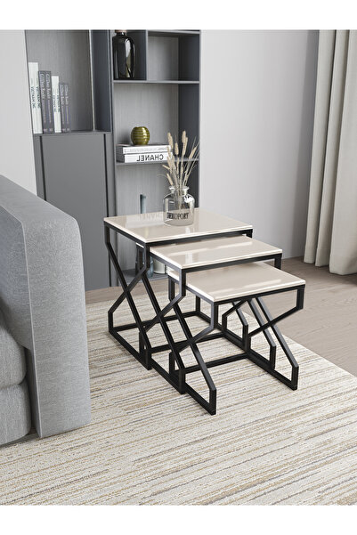 Dekoport Ela 3lü Zigon Sehpa Yan Sehpa Siyah Metal, Krem MDF Membran Kaplama ...