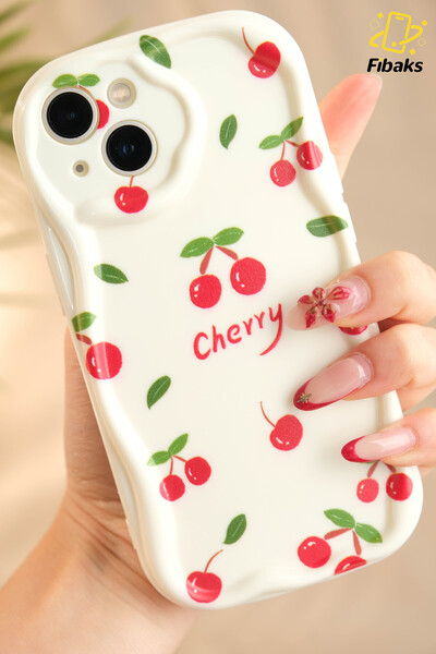 Fibaks Apple iPhone 13 Uyumlu Kılıf Kamera Korumalı Dalga Kenarlı Cherry Dese...