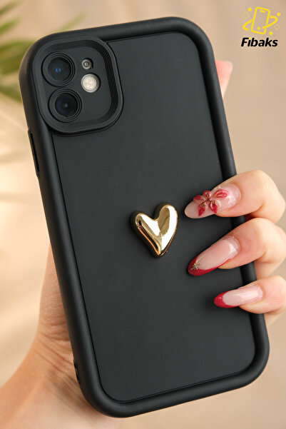 Fibaks Apple iPhone 11 Kılıf 3D Kalp Tasarımlı Siyah Desenli Yumuşak Kamera Korumalı Silikon Kapak