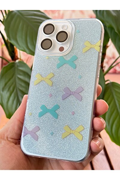 Fibaks Apple iPhone 16 Pro Compatible Case Blue Glitter Color Bow Pattern Shiny Shock Absorbing Cover