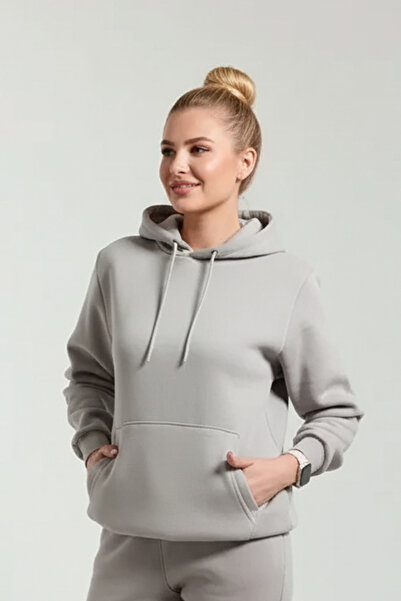 OXVİN Γυναικεία φούτερ Kangaroo Pocket Hooded 3 κλωστών Puff Soft (Fleece Inside) Φούτερ - Oversize ORIGINAL MOLD