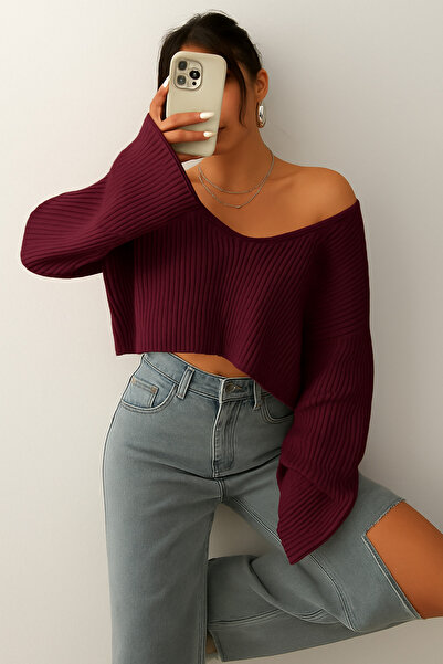 Samin KADIN OVERSİZE V YAKA TRİKO CROP KAZAK