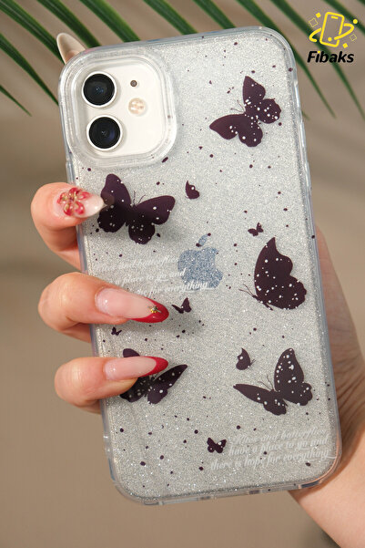 Fibaks Apple iPhone 12/12 Pro Compatible Case Silvery Black Butterfly Pattern Colorful Shiny Shock Absorbing Cover