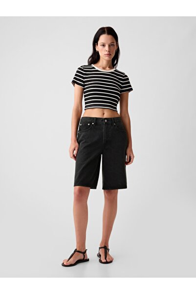 GAP Kadın Siyah 11.5" Mid Rise Longline Denim Şort