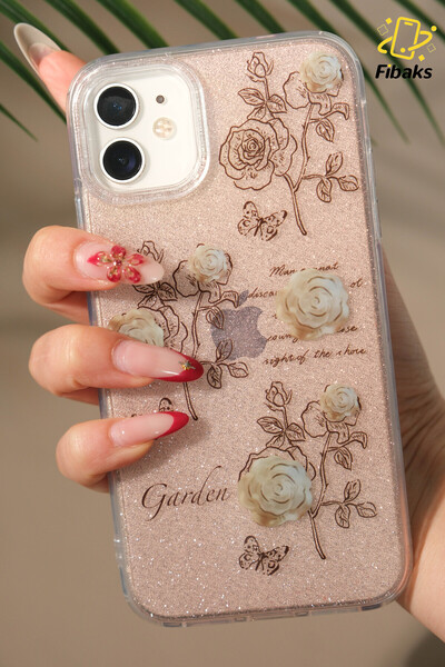 Fibaks Apple iPhone 12/12 Pro Compatible Case Silvery White Rose Pattern Colorful Shiny Shock Absorbing Cover