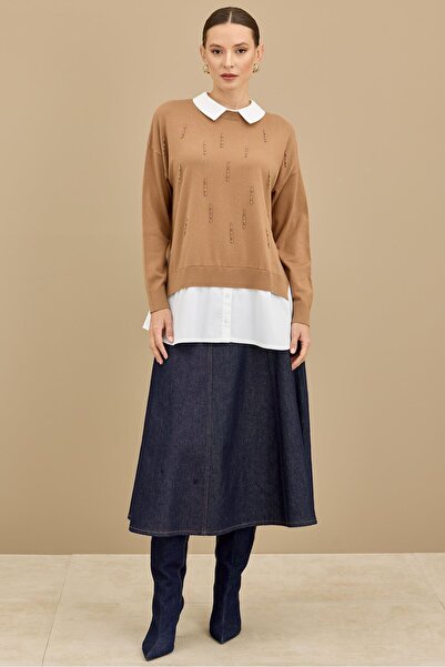 Tığ Triko Tunic with Beaded Shirt Detail Camel