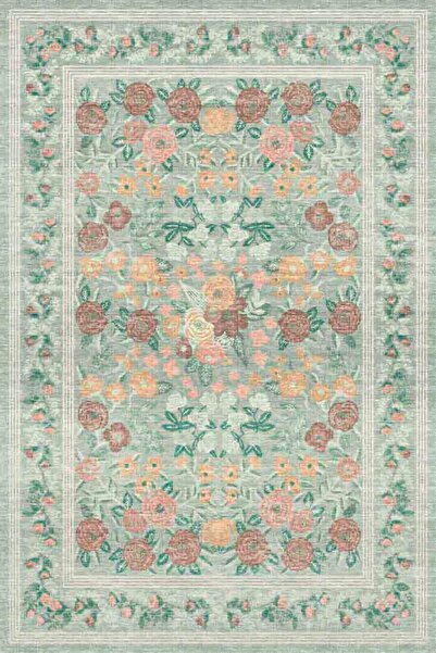 kilim home Vintage Çiçek Desenli Yeşil Dekoratif ve Yıkanabilir Dokuma Şönil ...