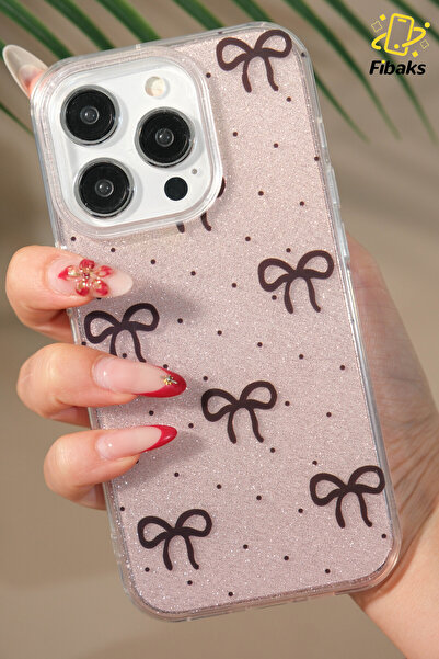 Fibaks Apple iphone 15 pro max compatible case glitter black bow pattern colorful glossy shock absorbing cover