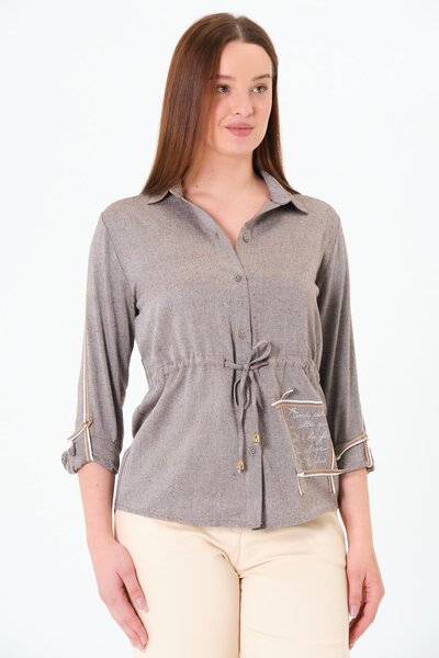 Sortie Collection Cămașă de damă cu mânecă lungă, cu dantelă la piept, fără buzunare, cu imprimeu , cămașă bej din in