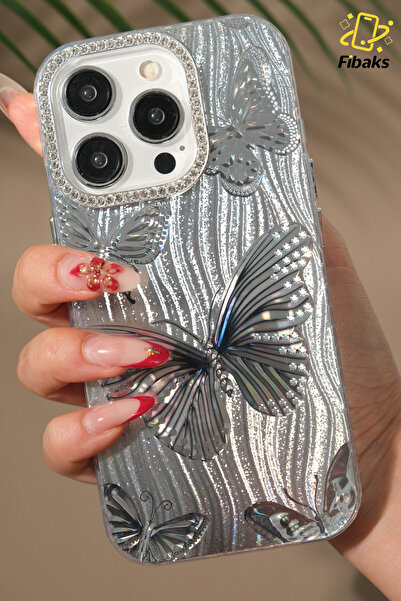 Fibaks iPhone 16 Pro Max Case Holographic Stone Glitter Butterfly Pattern Shock Absorbing Camera Protected Silicone