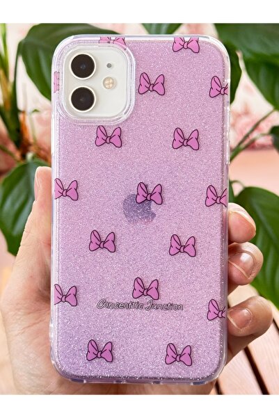 Fibaks Apple iPhone 12/12 Pro Compatible Case Purple Glitter Bow Pattern Colorful Shiny Shock Absorbing Cover