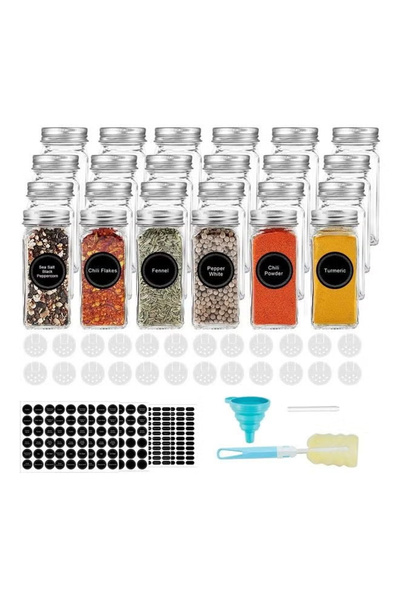 XIUWOO مجموعة مرطبانات توابل زجاجية مكونة من 24 قطعة بأغطية معدنية محكمة الإغلاق - عبوات توابل مربعة فارغة سعة 120 مل مع