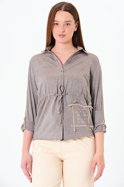 Sortie Collection Women's Long Sleeve, Lace-Up from the Chest, Pocketless, Printed, Linen Beige Shirt