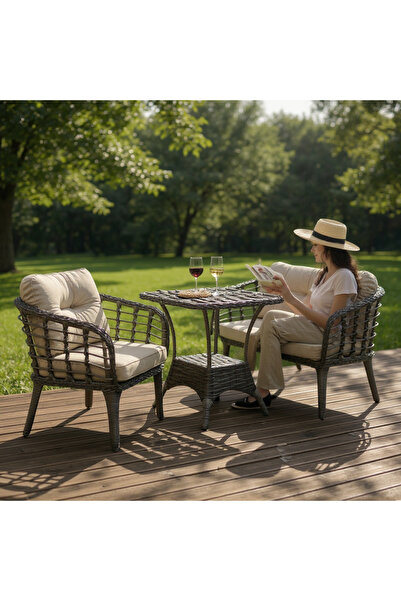 Tu Tienda KARTEPE 2 1 1 RATTAN BAHÇE BALKON TAKIMI,ANTRASİT GRİ RATTAN/GRİ KUMAŞ