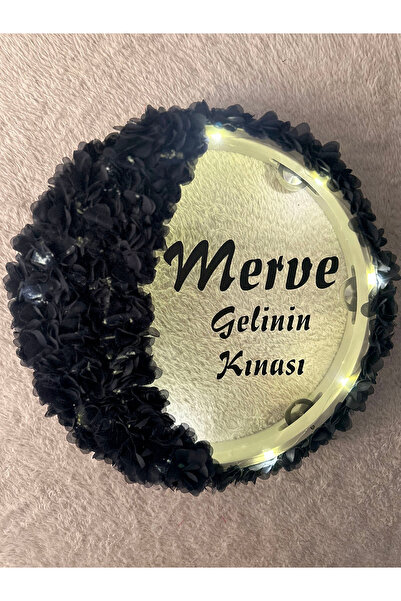 Mortex Lacivert LED’li Şeffaf Gelin Tefi 32 cm 3D Çiçek Süslemeli Kına Düğün ...