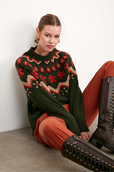 Tığ Triko ROBASI DESEN DETAYLI İŞLEMELİ TRİKO TUNİK HAKİ