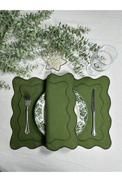 Table Alp Yeşil Kumaş Yeşil Nakışlı 6 Kişilik Amerikan Servis (35x48 cm) & 6 Adet Peçete (40x40 cm) Seti