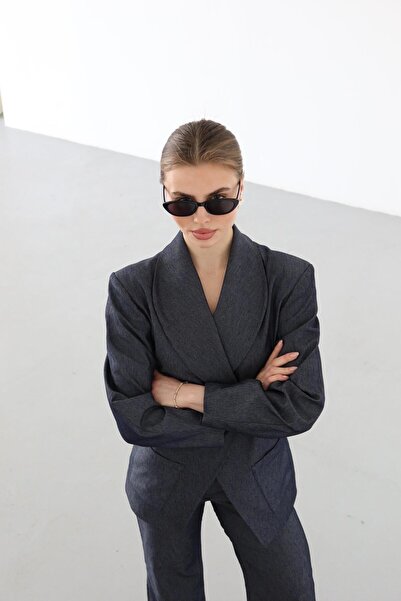 Laluvia Sötétkék ballon ujjú kabát nadrág szett