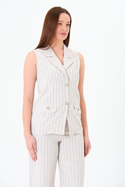 Sortie Collection Women's Beige Color Striped Pocketed 4 Button Long Vest