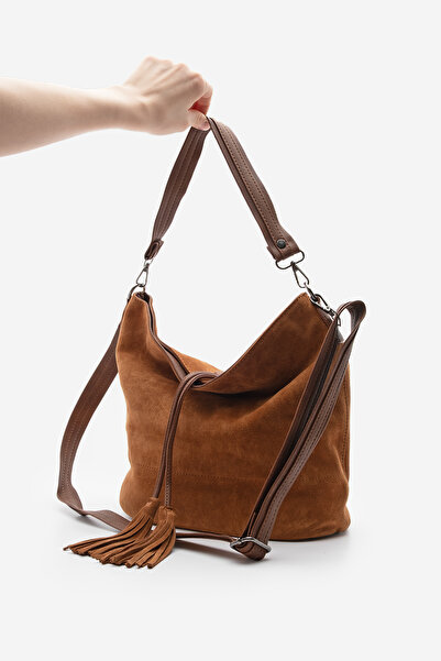 Marjin Women's Genuine Leather Tassel Hand and Shoulder Bag Olven Tan Suede