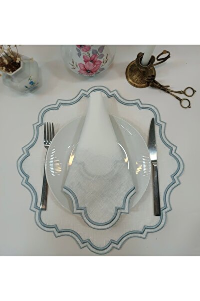 Table Alp Keten Kumaş Gümüş Nakışlı Amerikan Servis & Peçete Seti – 6 Kişilik...