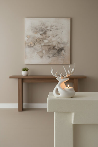 Decorstation Mermer Görünümlü Geyikli Mumluk Dekoratif Biblo