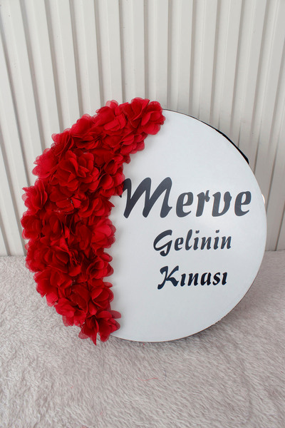 Mortex Bordo Hilal Desenli Gelin Tefi 28 cm 3D Çiçek Süslemeli Kına Düğün Ned...