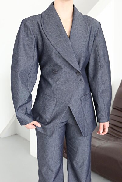 Laluvia Navy Blue Balloon Sleeve Jacket Pants Set