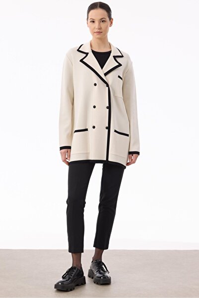 Tığ Triko Çizgi Detaylı Rayon Ceket VANİLYA