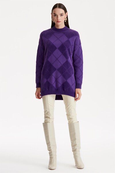 Tığ Triko BAKLAVA DESENLİ MİNK TUNİK MOR