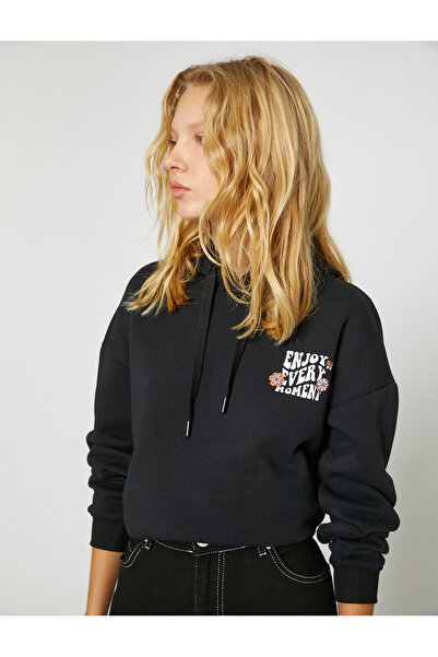 Koton Potištěná oversize mikina s kapucí, dlouhým rukávem a fleecem uvnitř