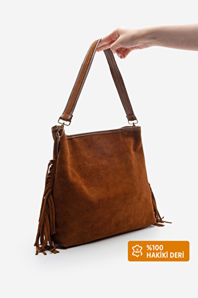 Marjin Women's Genuine Leather Tassel Detailed Hand and Shoulder Bag Soliga Tan Suede