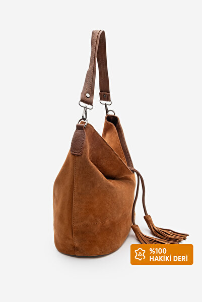 Marjin Women's Genuine Leather Tassel Hand and Shoulder Bag Olven Tan Suede